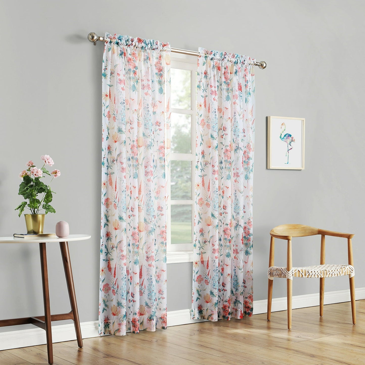 Rod Pocket Sheer Curtain Panel 58 by 63 Inch White Floral