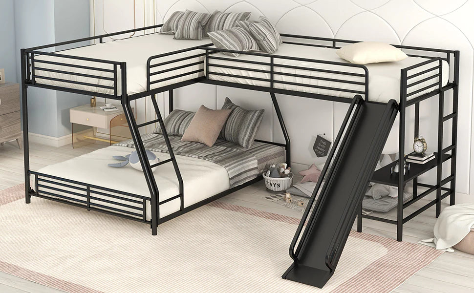 L Shaped Twin over Full Bunk Bed with Twin Size Loft Bed Built in Desk and Slide in Black