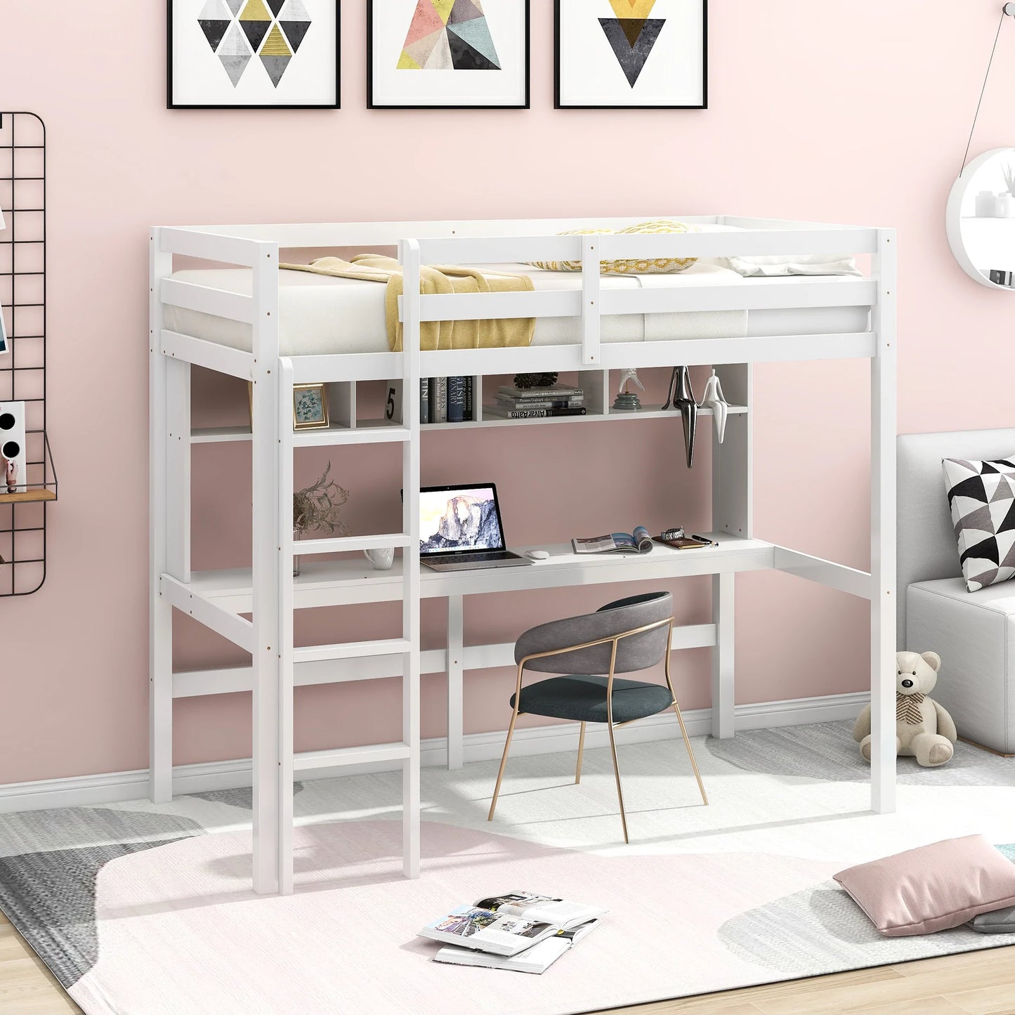 Loft Bed with Convenient Desk Shelves and Ladder Twin Size in White