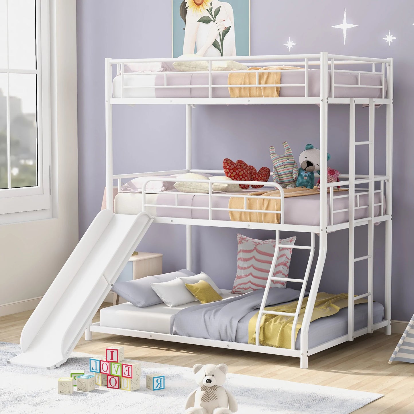 Full Triple Bunk Bed with Long and Short Ladder and Full Length Guardrails in Black