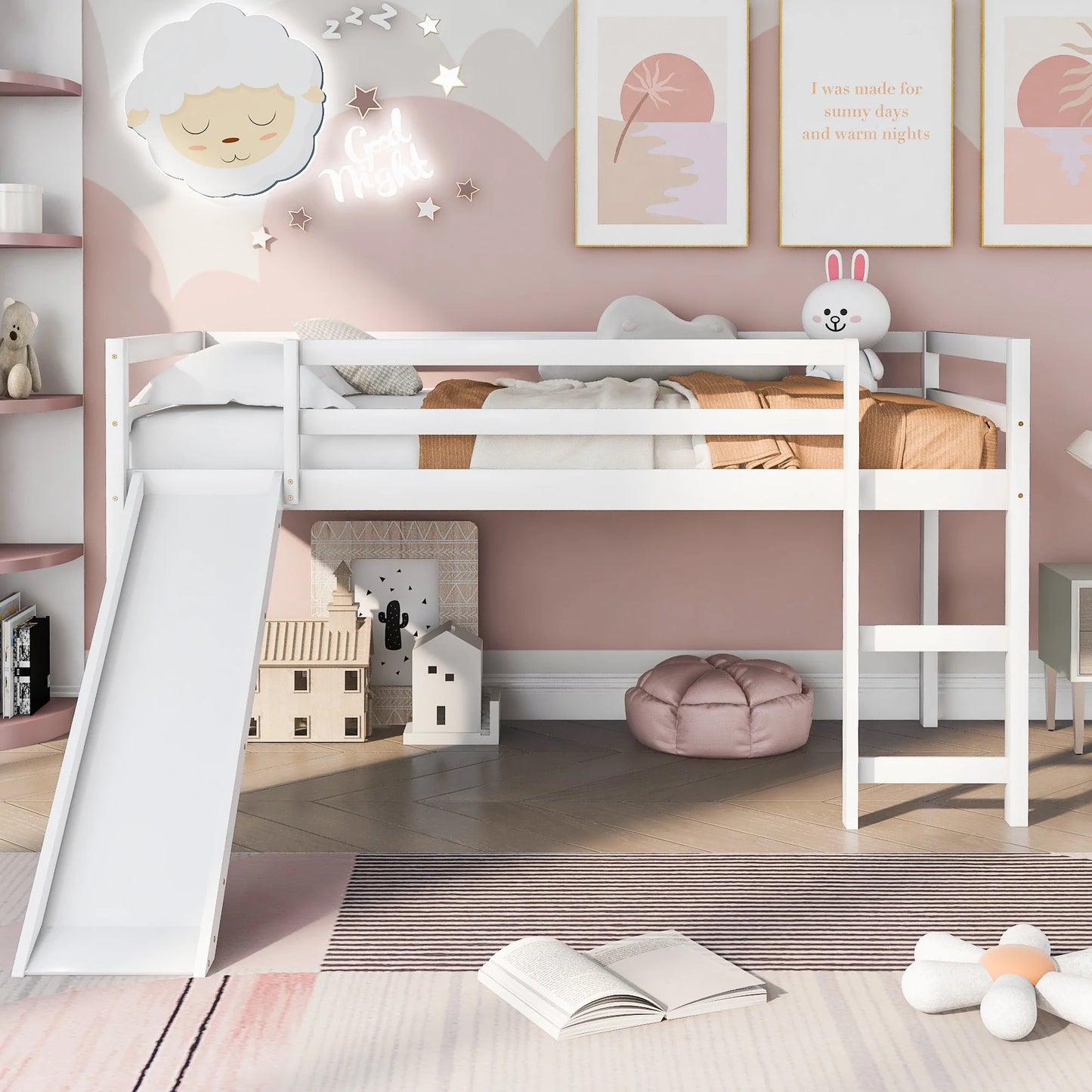 Loft Bed with Slide Multifunctional Design Twin in White