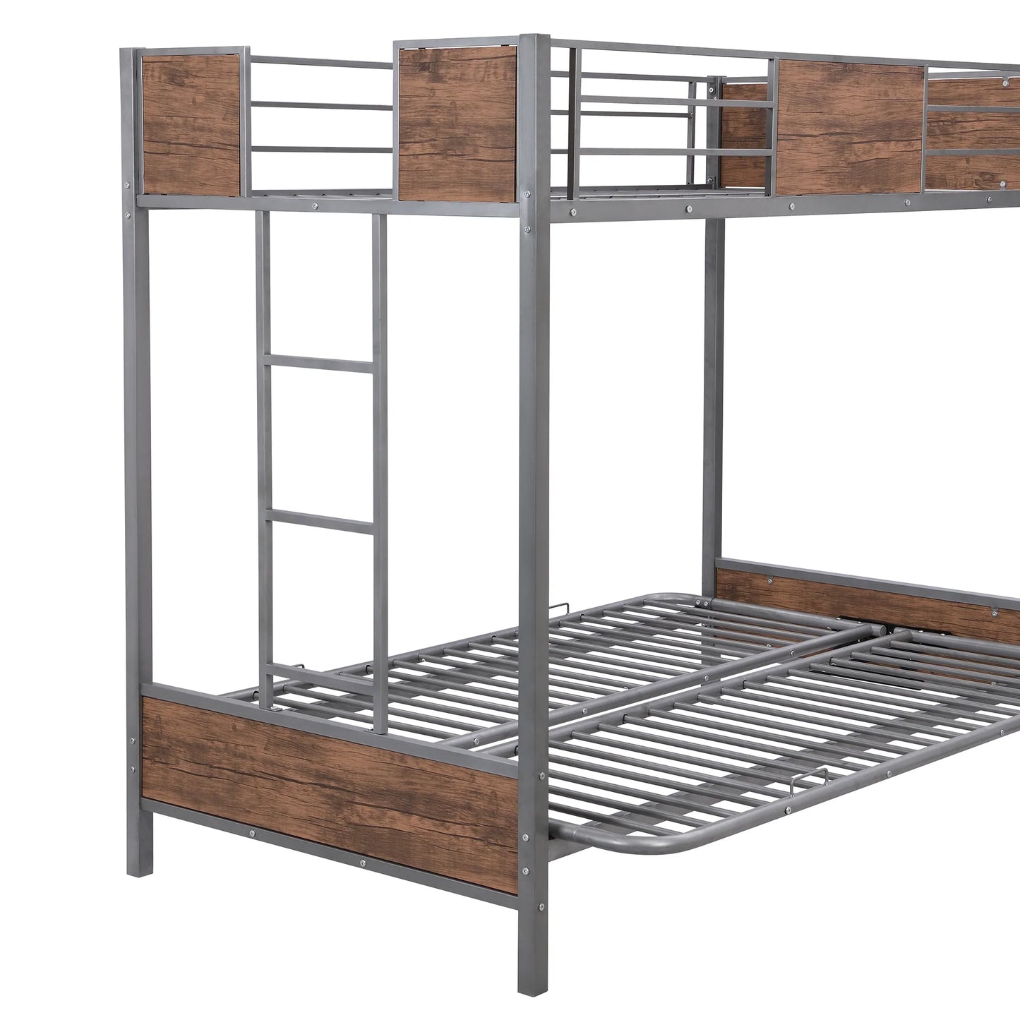 Bed with Guardrails and Ladder in Twin Over Full Futon Bunk Gray