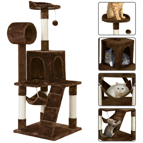 Cat Tree with Hammock and Scratching Post Tower in Brown