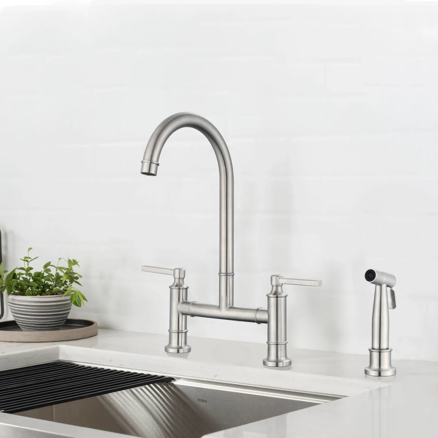 Double Handle Bridge Kitchen Faucet with Side Spray