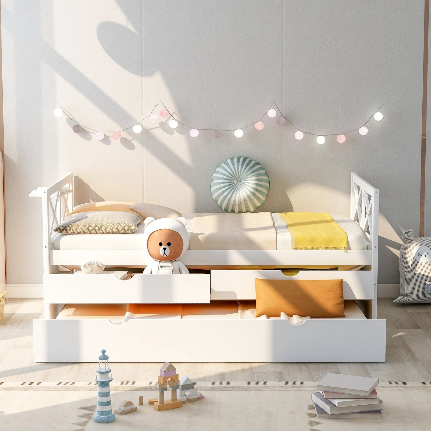 Daybed with Drawers and Trundle in White