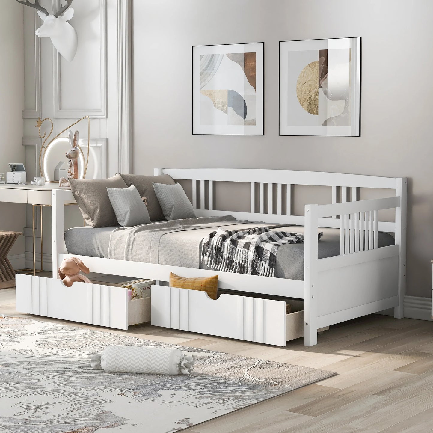 Daybed Wood Bed with Two Drawers in White