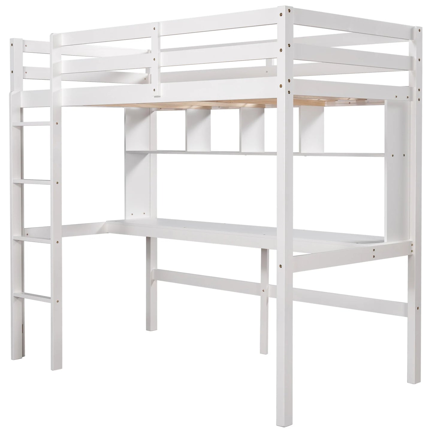 Loft Bed with Convenient Desk Shelves and Ladder Twin Size in White