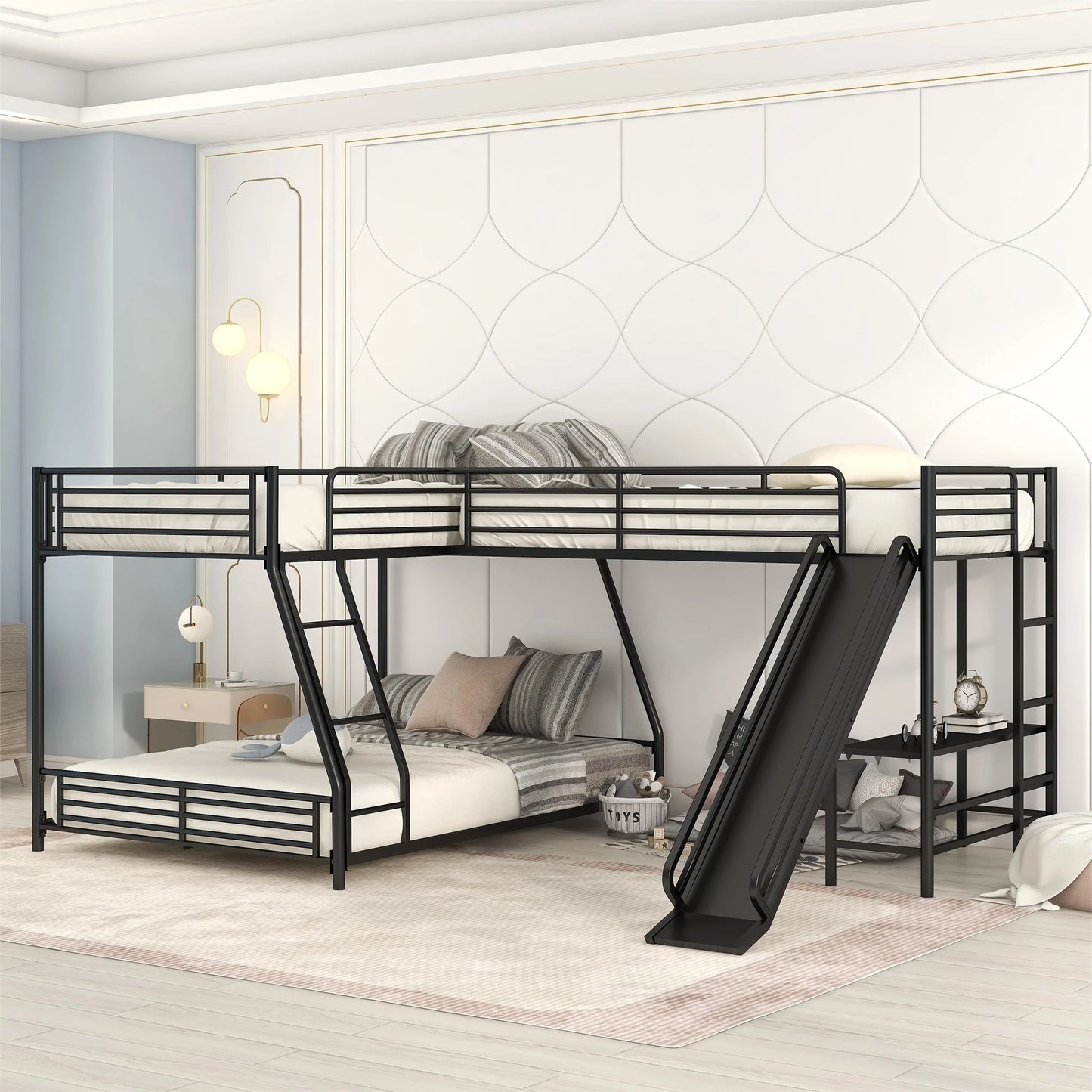 L Shaped Twin over Full Bunk Bed with Twin Size Loft Bed Built in Desk and Slide in Black