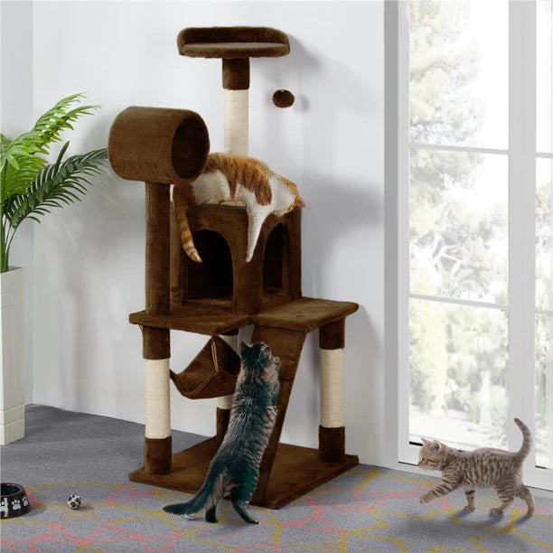 Cat Tree with Hammock and Scratching Post Tower in Brown