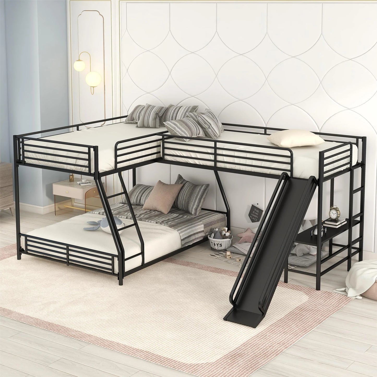 L Shaped Twin over Full Bunk Bed with Twin Size Loft Bed Built in Desk and Slide in Black