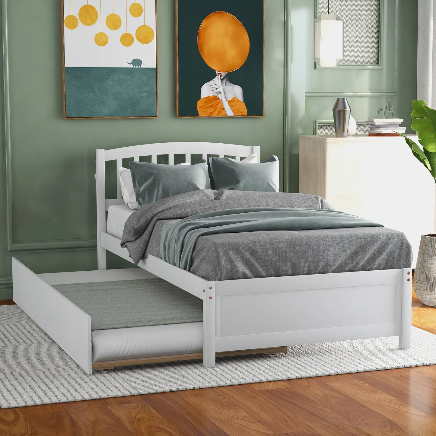 Platform Bed with Trundle in White Twin size