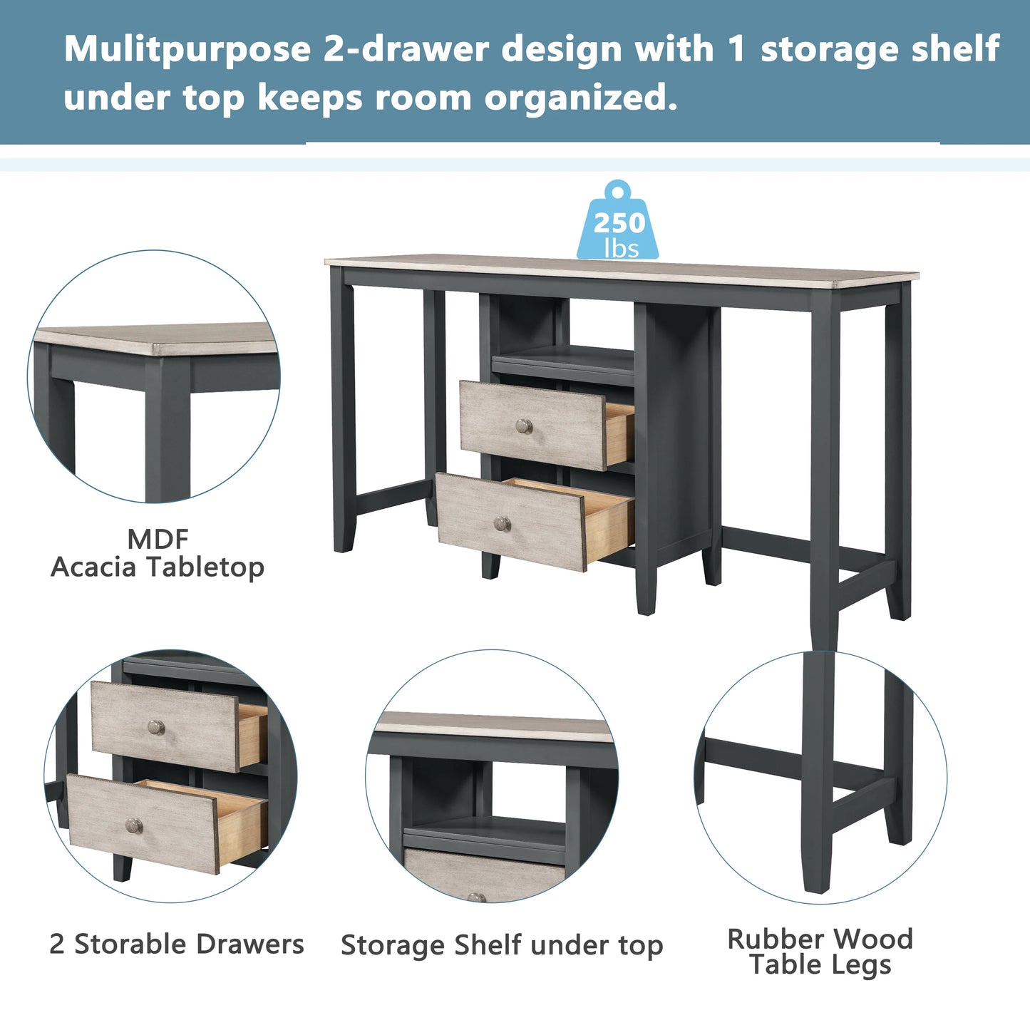 Wood Dining Table Set with 2 Storage Drawers in Gray