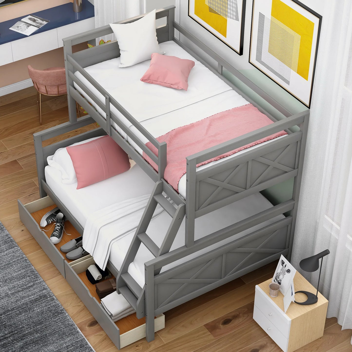 Bunk Bed with Ladder Two Storage Drawers Safety Guardrail in Gray