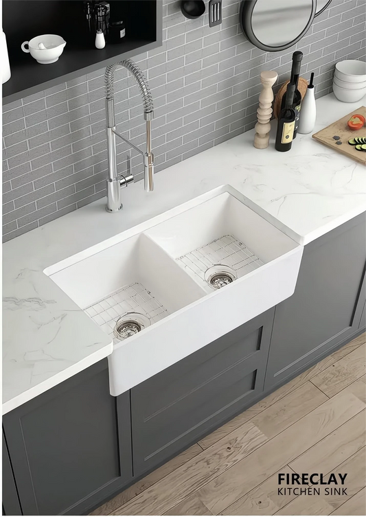 Kitchen Sink Farmhouse Ceramic Sink in 33x20 Inch Gloss White