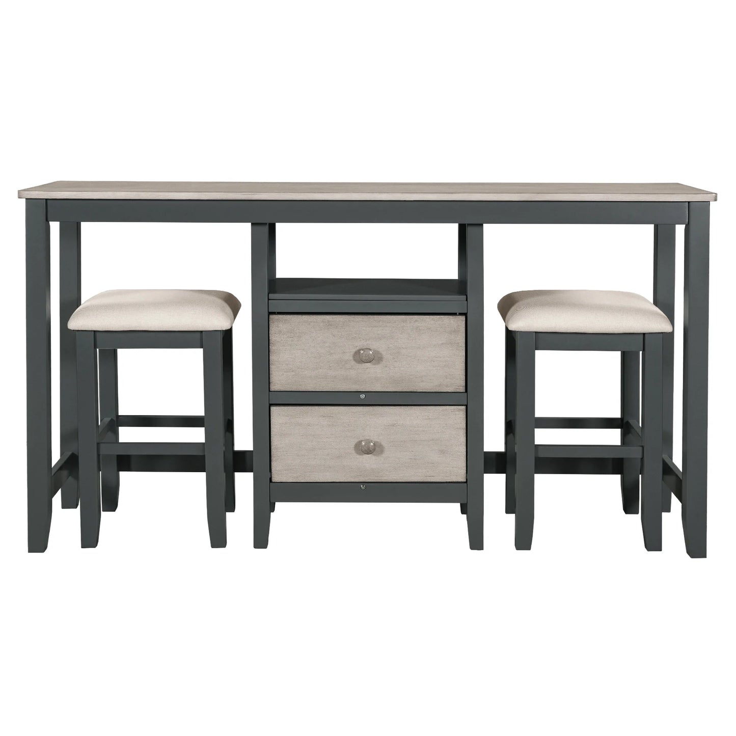 Wood Dining Table Set with 2 Storage Drawers in Gray