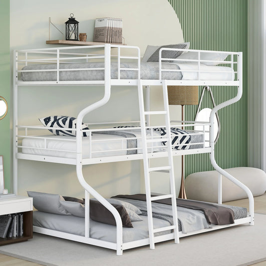 Triple Bunk Bed with Long and Short Ladder Queen Size in White