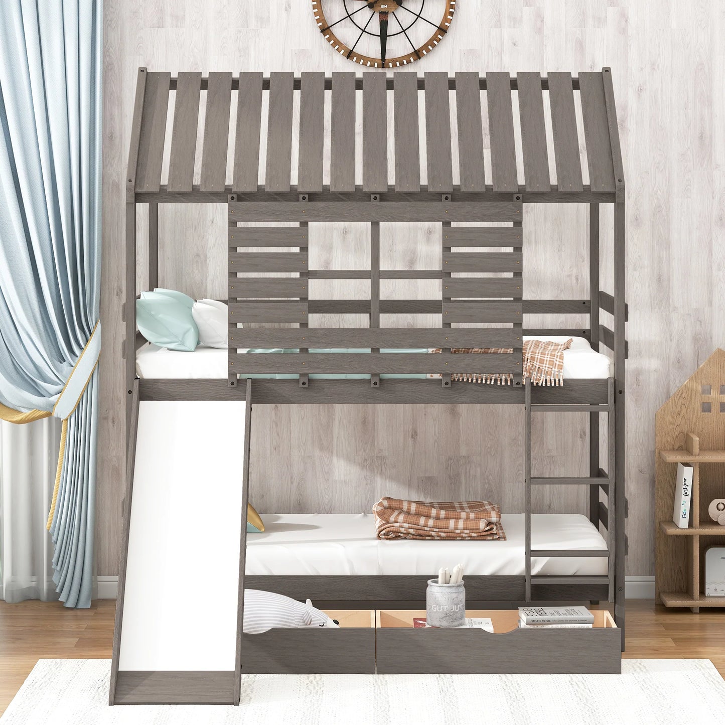 House Bunk Bed with Convertible Slide and Two Drawers in Antique Gray