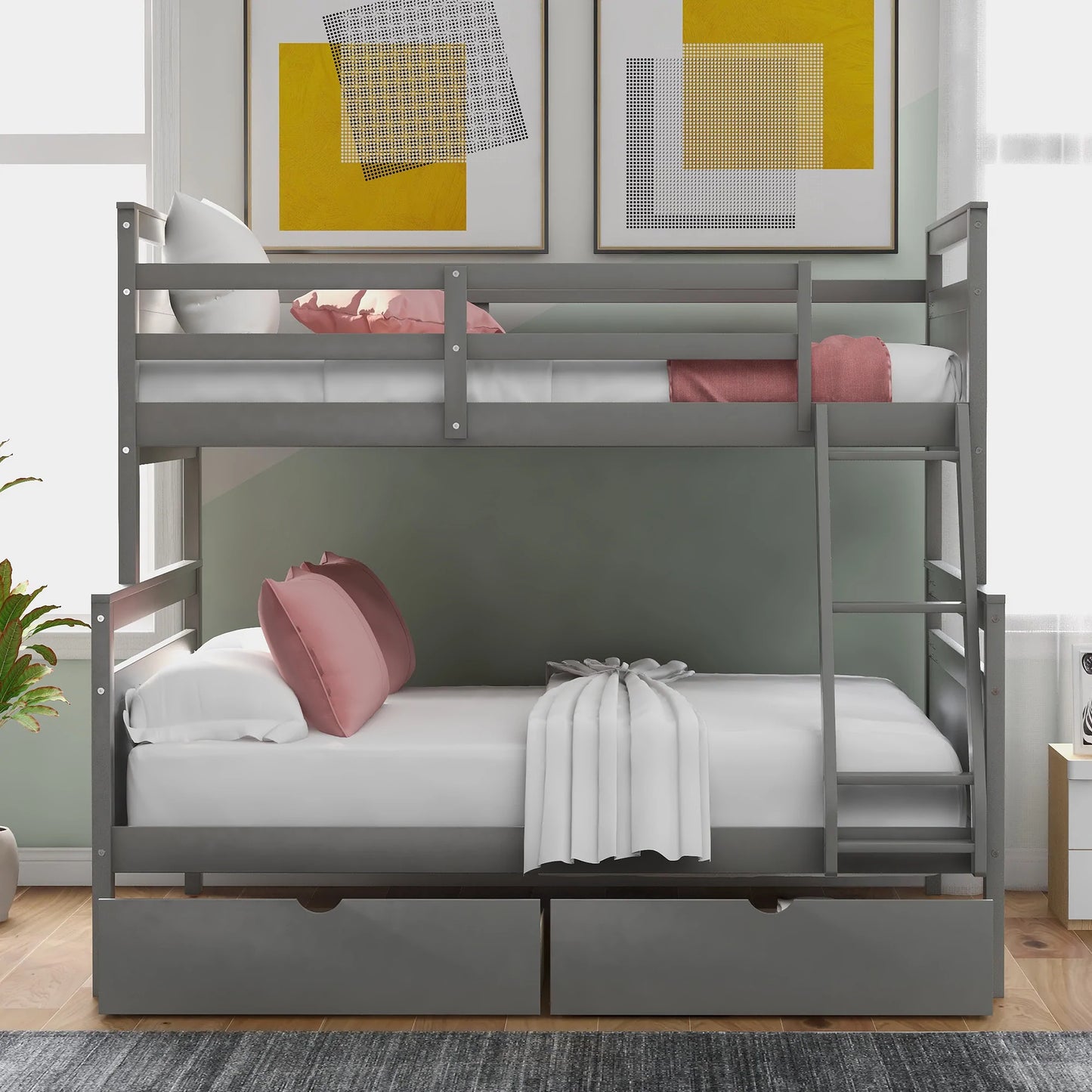 Bunk Bed with Ladder Two Storage Drawers Safety Guardrail in Gray