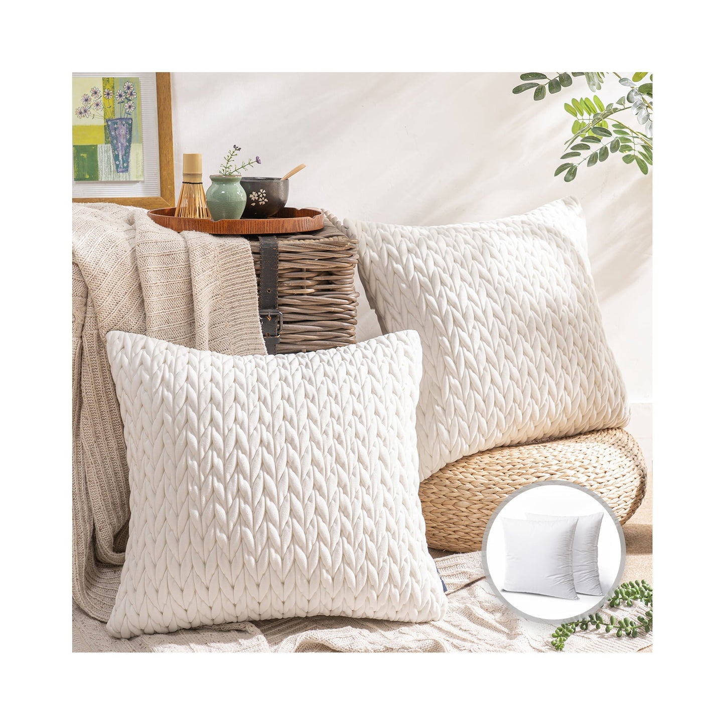 Throw Pillow Braid Textured Pleated 20x20 Inches White 2 Pack