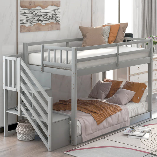 Twin Floor Bunk Bed with Storage in Gray