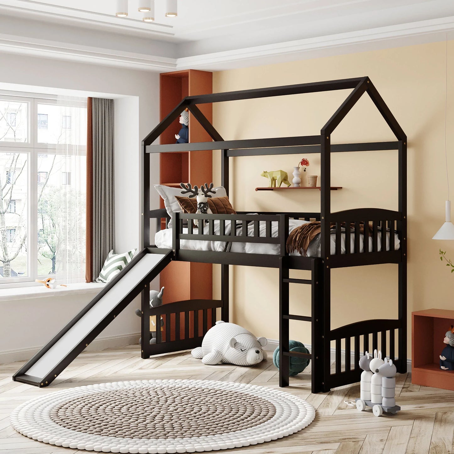 Twin Loft Bed with Slide in Espresso