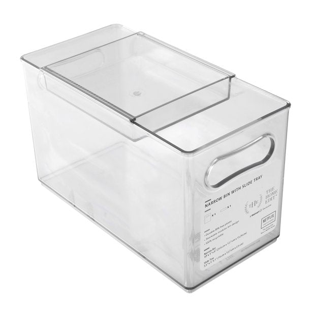 Clear Plastic Storage Narrow Bin with Slider Tray