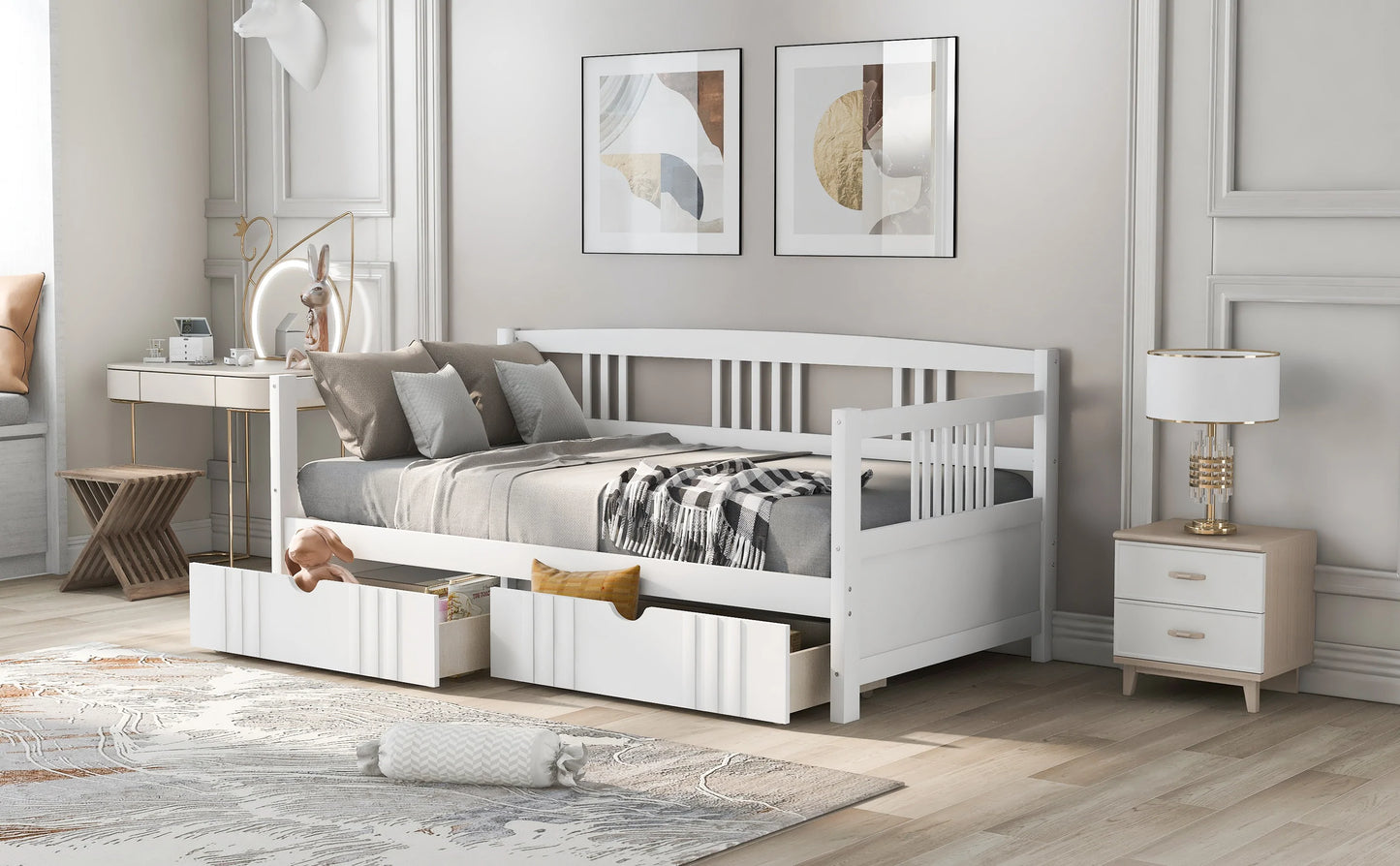 Daybed Wood Bed with Two Drawers in White