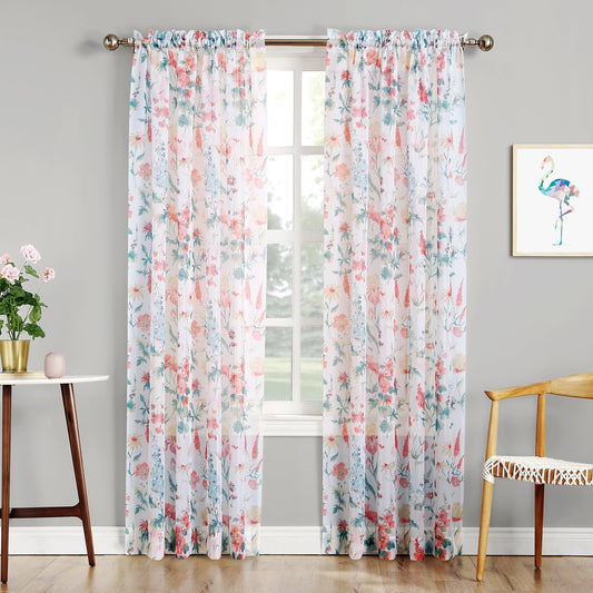 Rod Pocket Sheer Curtain Panel 58 by 63 Inch White Floral