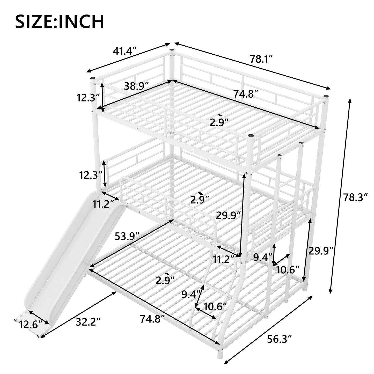 Full Triple Bunk Bed with Long and Short Ladder and Full Length Guardrails in Black