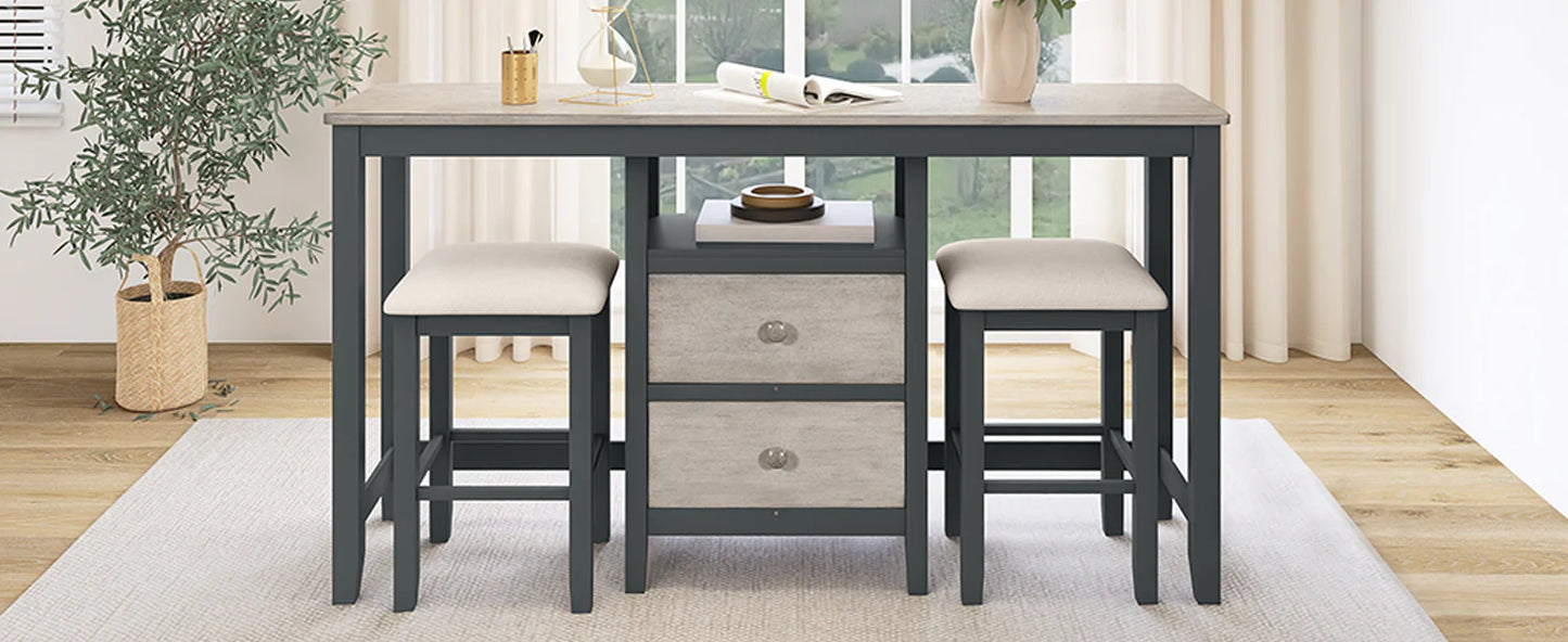 Wood Dining Table Set with 2 Storage Drawers in Gray