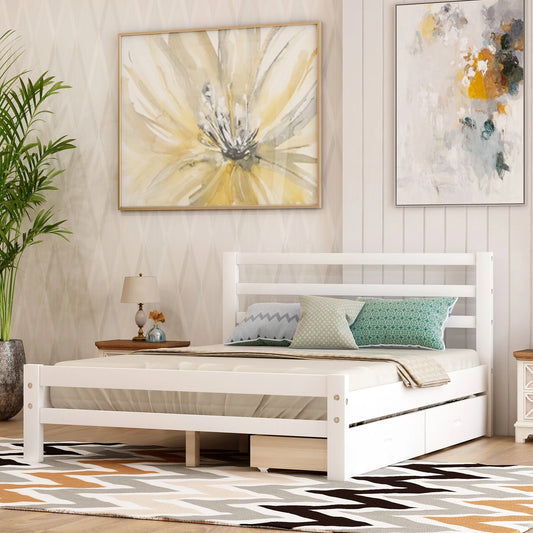 Wood Platform Bed with Two Drawers in Full White