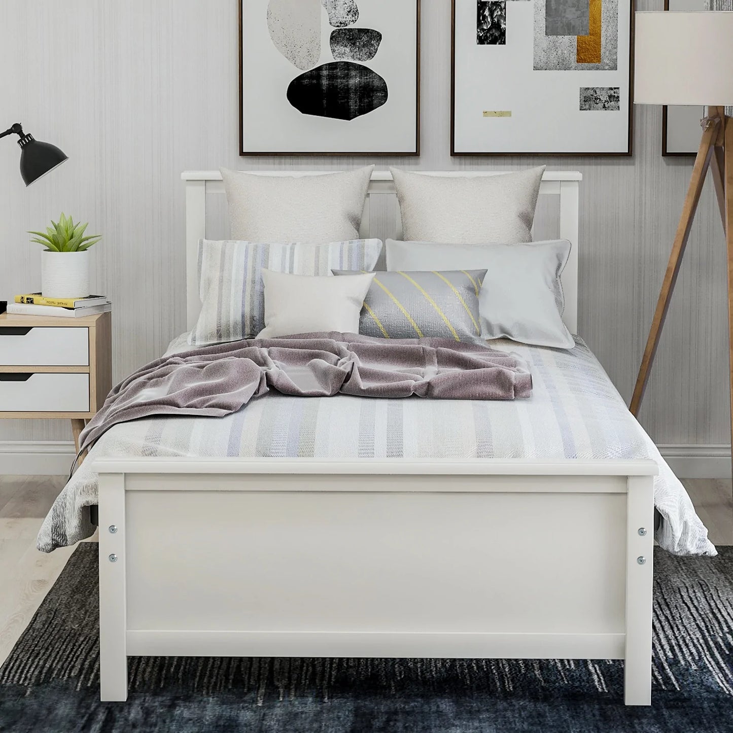 Wood Platform Bed Headboard Footboard Wood Slat Support in White