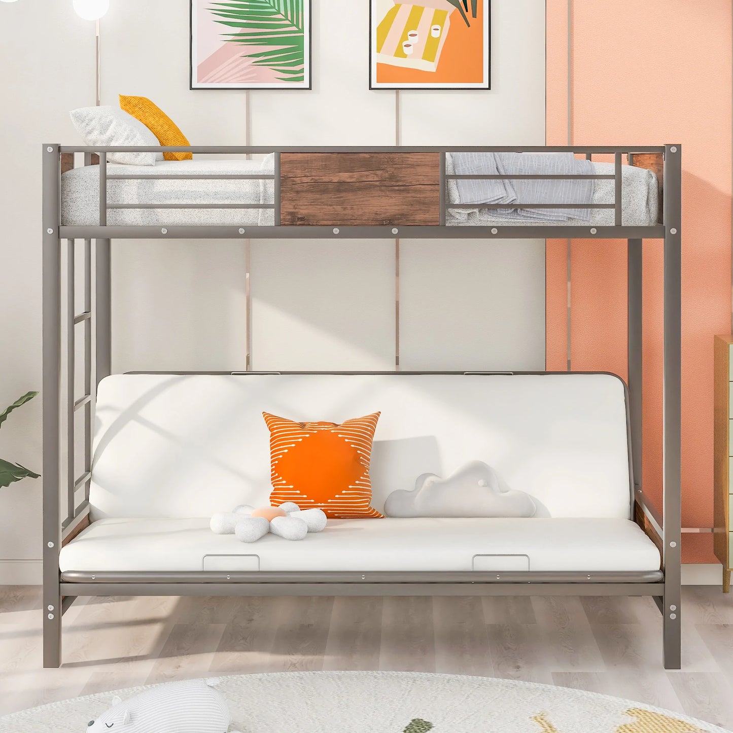 Bed with Guardrails and Ladder in Twin Over Full Futon Bunk Gray