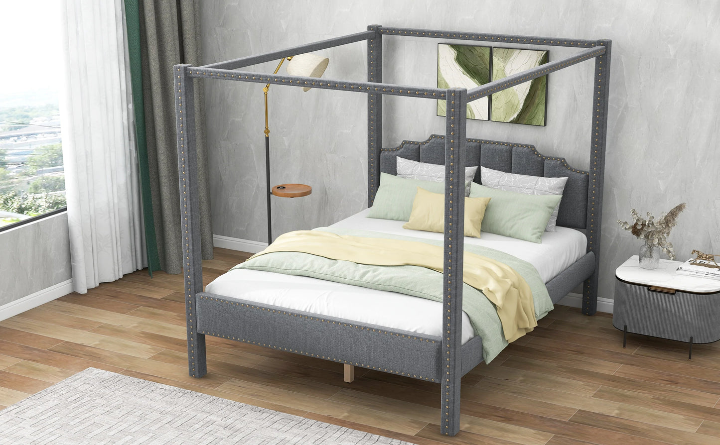 Upholstery Canopy Platform Bed Headboard Support Legs in Gray