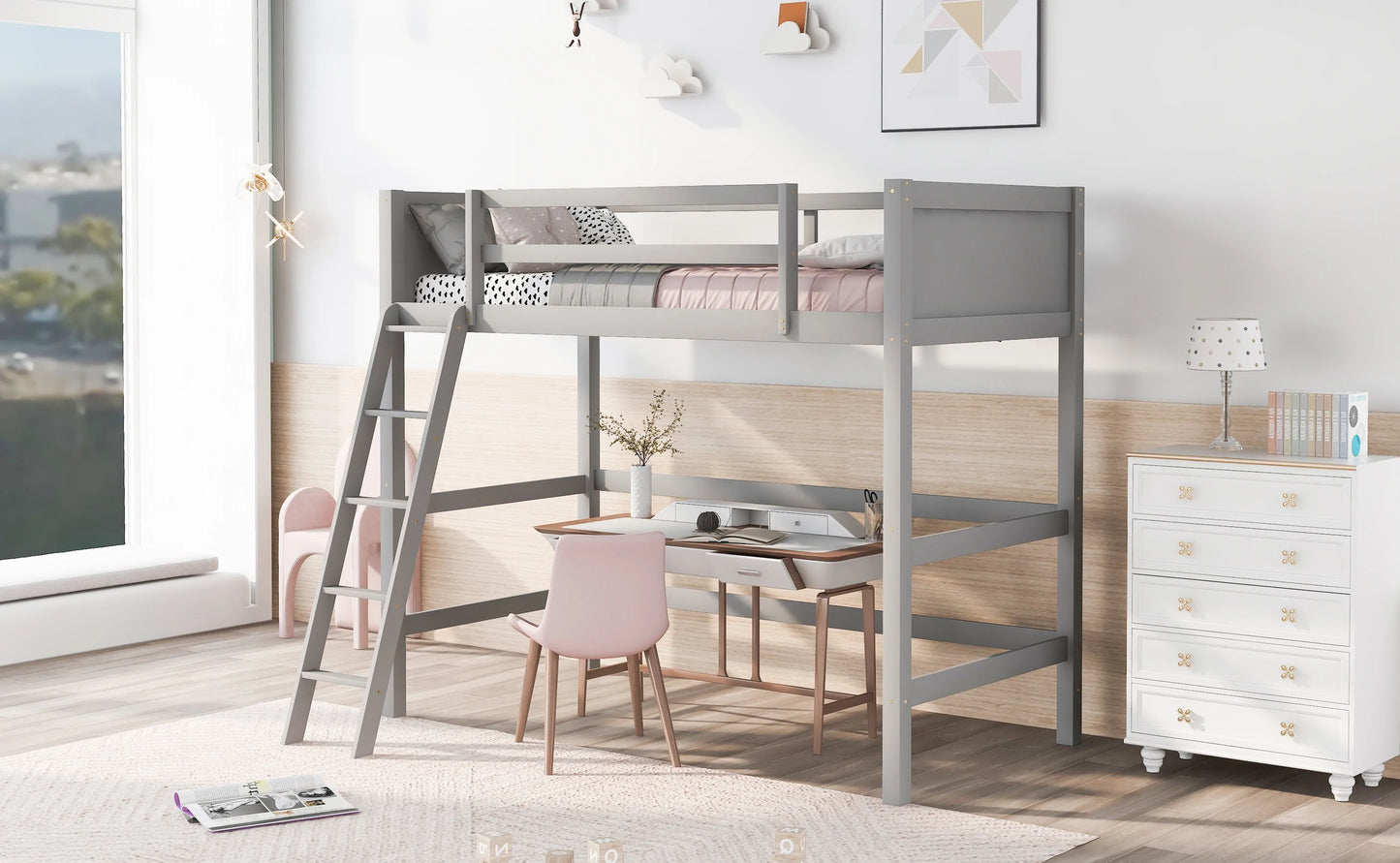 Solid Wood Twin Size Loft Bed with Ladder in Gray