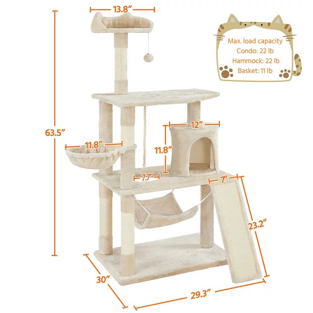 Pet Tree with Scratching Post Tower 61 Inches Beige