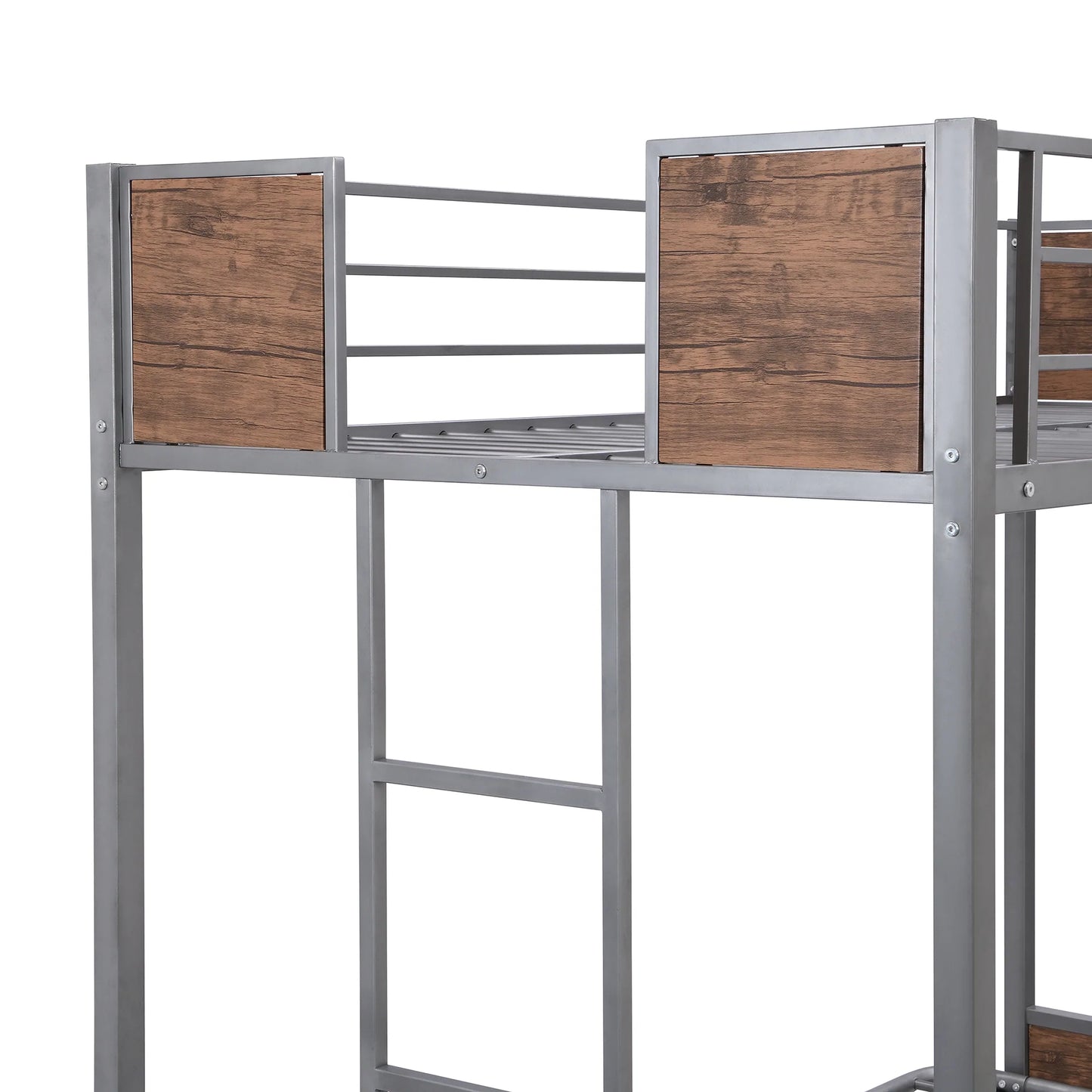 Bed with Guardrails and Ladder in Twin Over Full Futon Bunk Gray