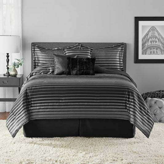 Comforter Set Black Striped 7 Piece Full or Queen Size