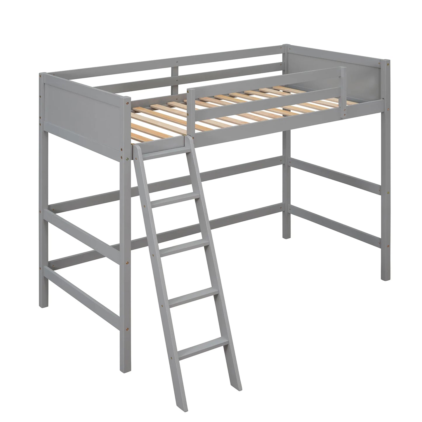 Solid Wood Twin Size Loft Bed with Ladder in Gray