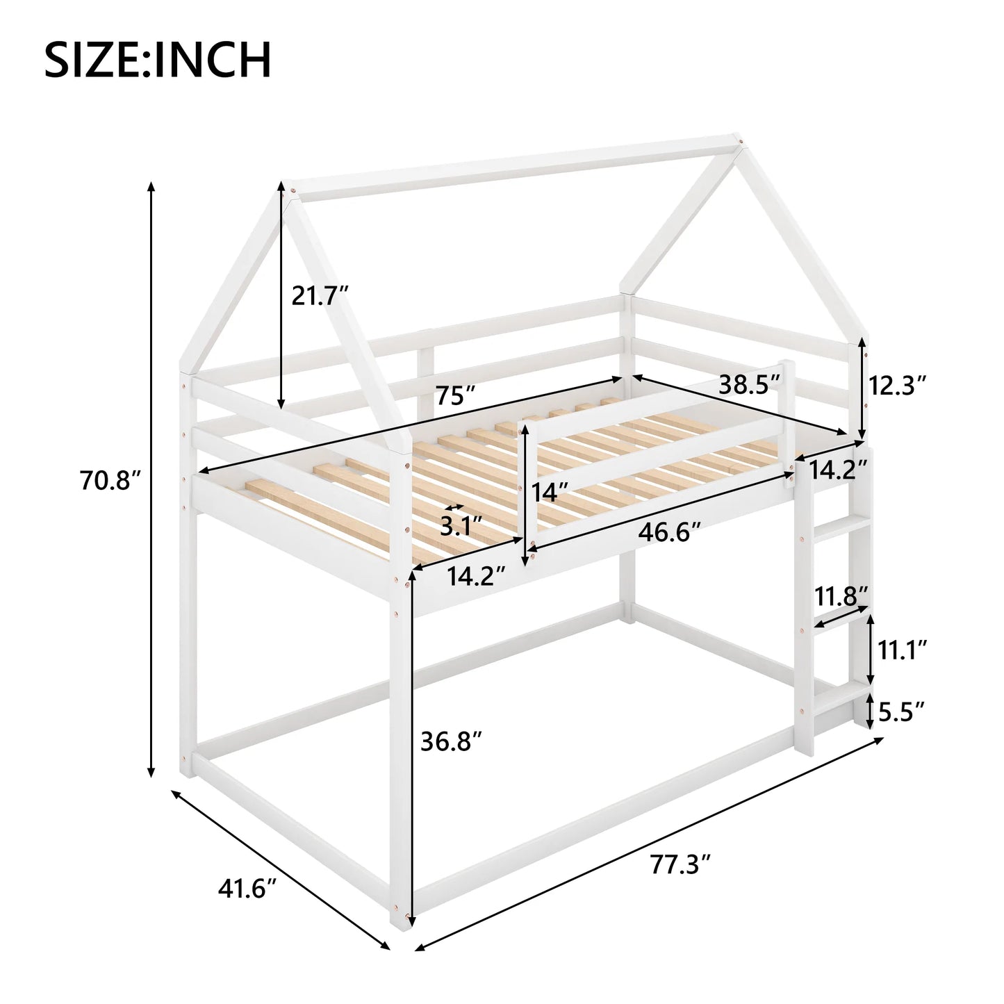 Low Bunk Bed Twin Size in White