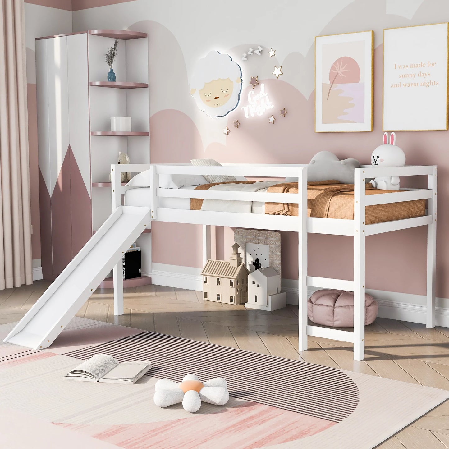 Loft Bed with Slide Multifunctional Design Twin in White