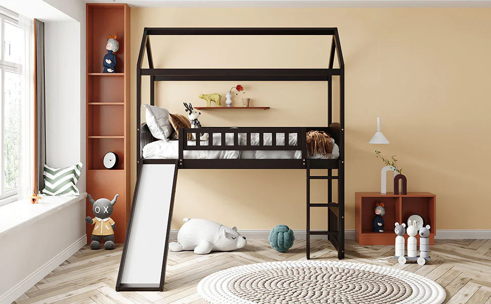 Twin Loft Bed with Slide in Espresso