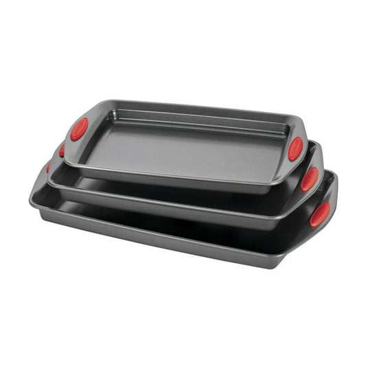 Bakeware Cookie Pan Set 3 Piece in Gray with Red Silicone Grips