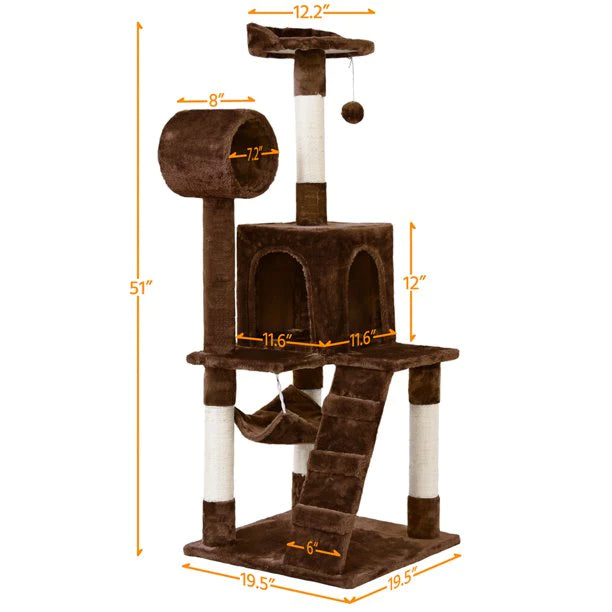 Cat Tree with Hammock and Scratching Post Tower in Brown