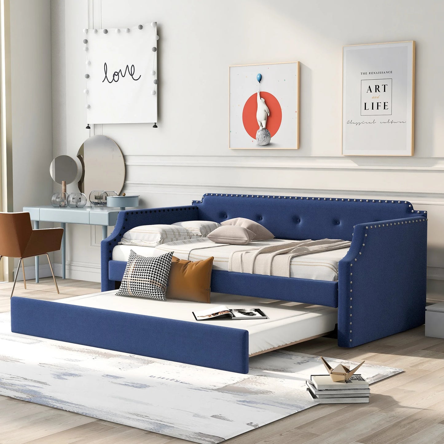 Wood Slat Support Upholstered Frame Sofa Bed Twin in Blue