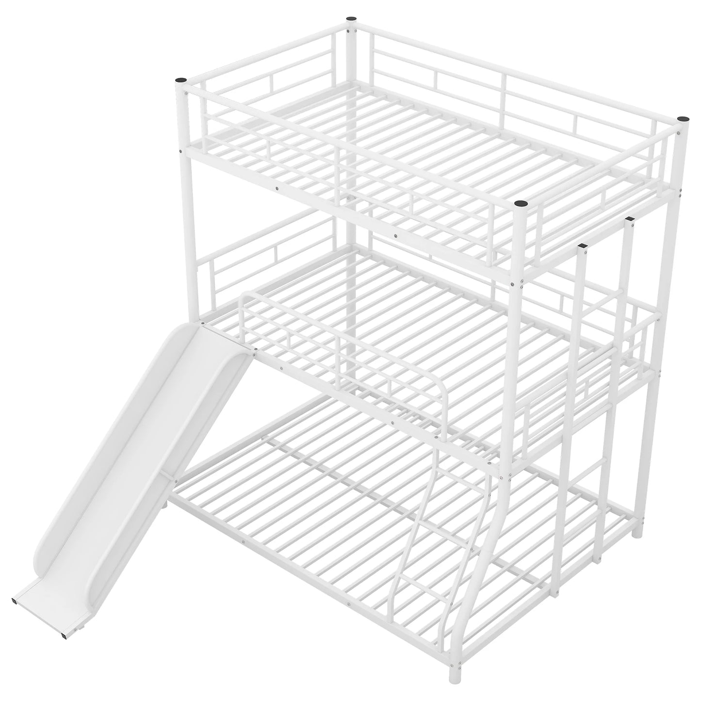 Full Triple Bunk Bed with Long and Short Ladder and Full Length Guardrails in Black