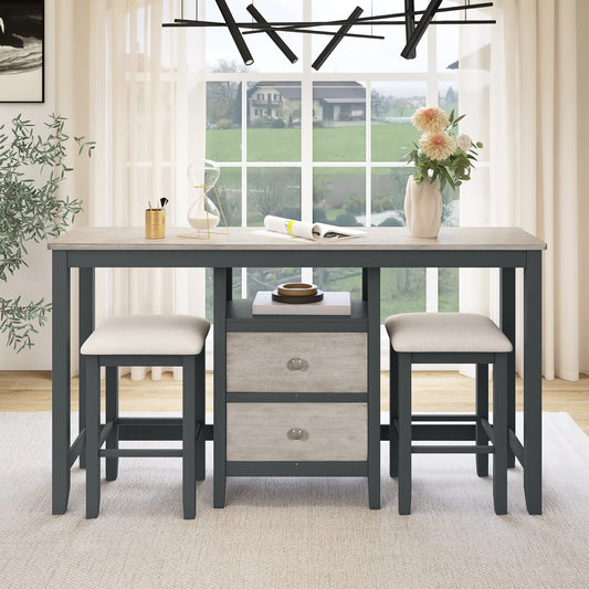 Wood Dining Table Set with 2 Storage Drawers in Gray