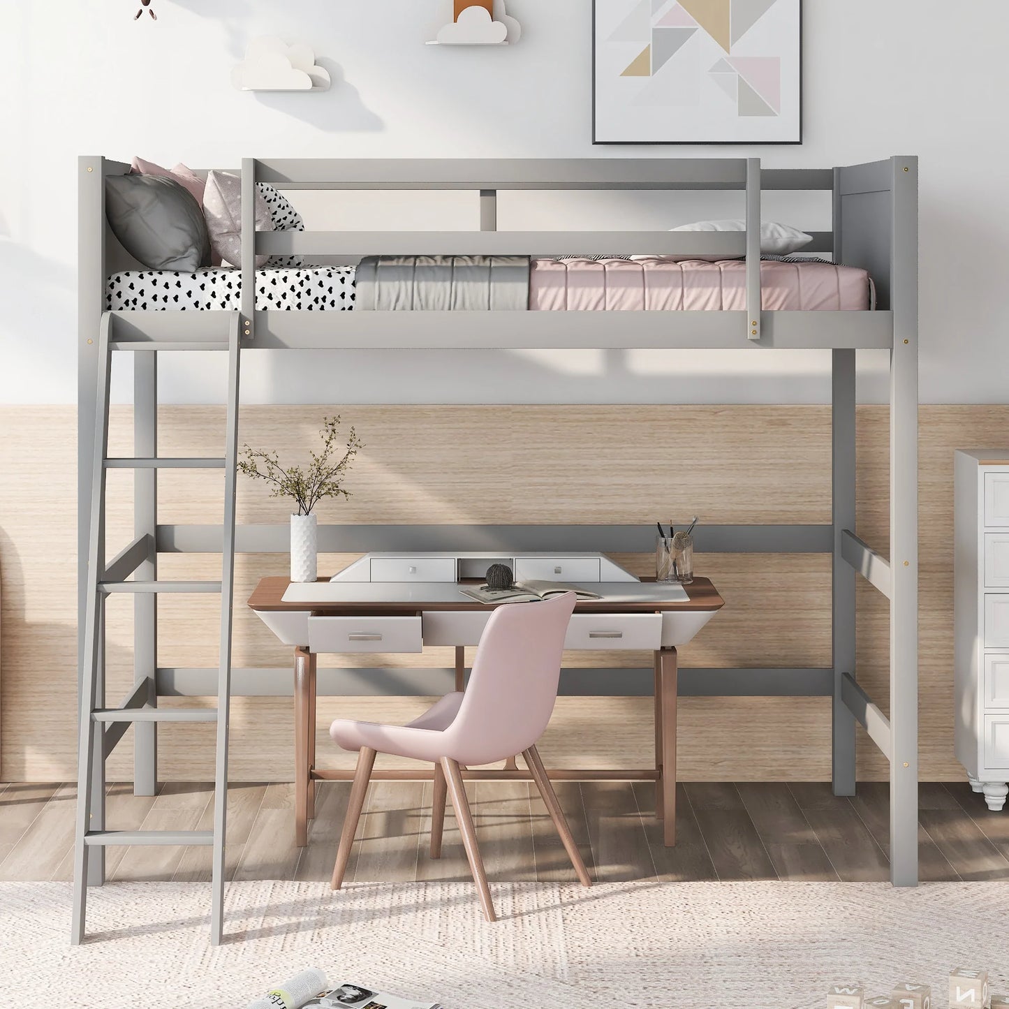 Solid Wood Twin Size Loft Bed with Ladder in Gray