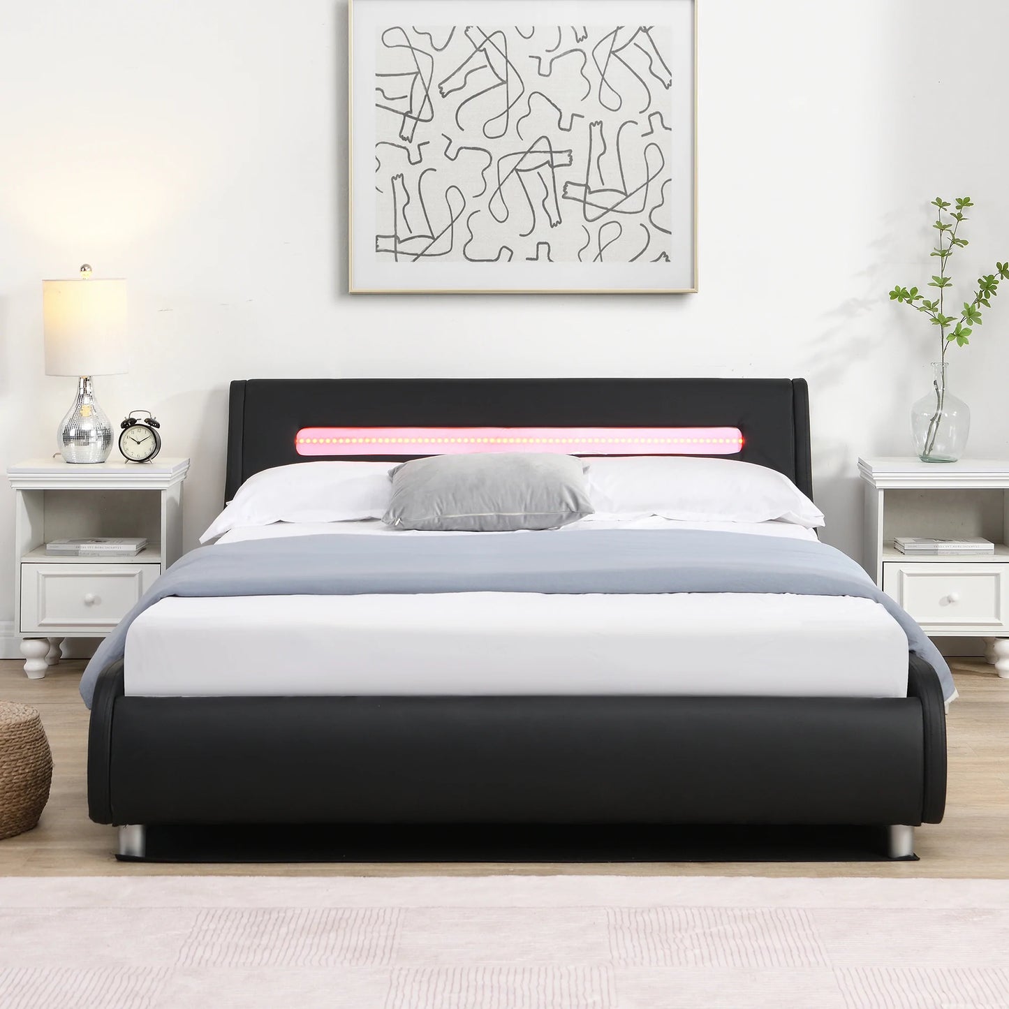Full Size Low Profile Upholstered Platform Bed with LED headboard in Black