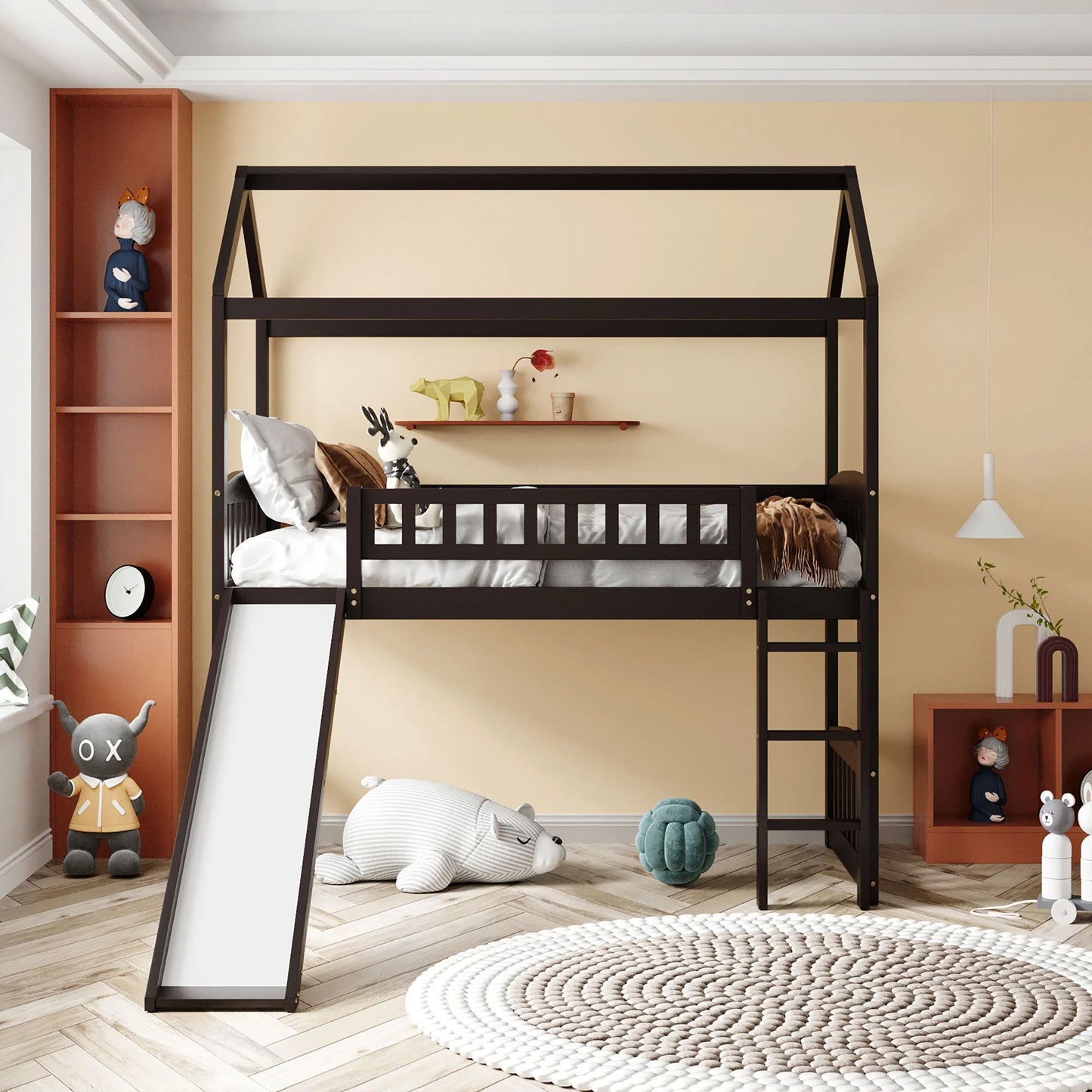 Twin Loft Bed with Slide in Espresso